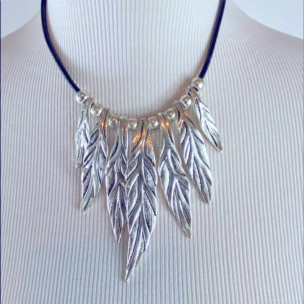 Silver Leave Statement Necklace on Back chord